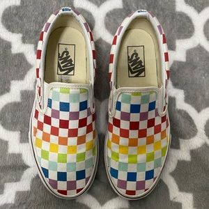 rainbow checkered slip on vans